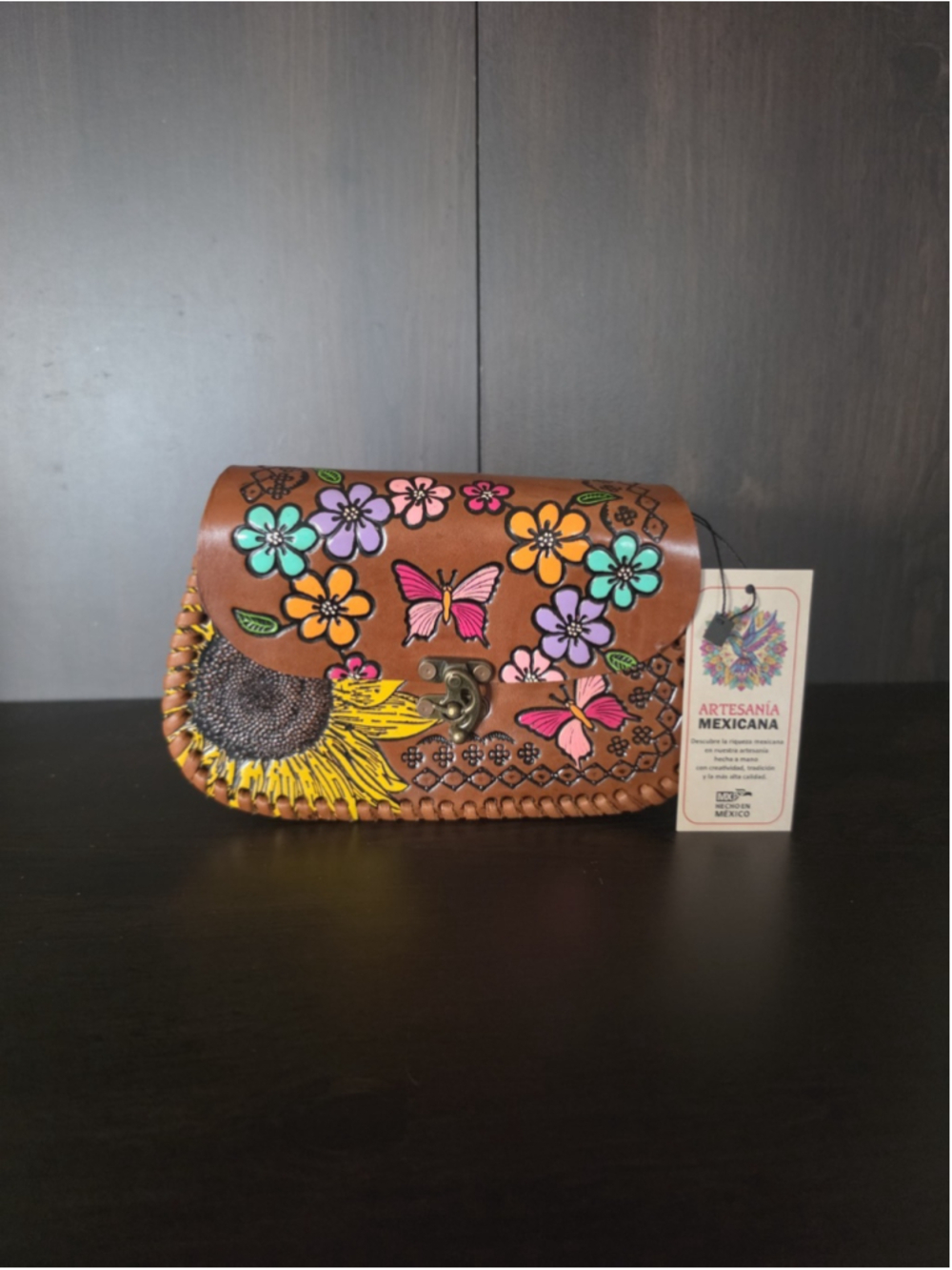 Butterfly Sunflower Brown Embossed Tooled Artisan LEATHER Crossbody Purse Bag - Picture 5 of 16
